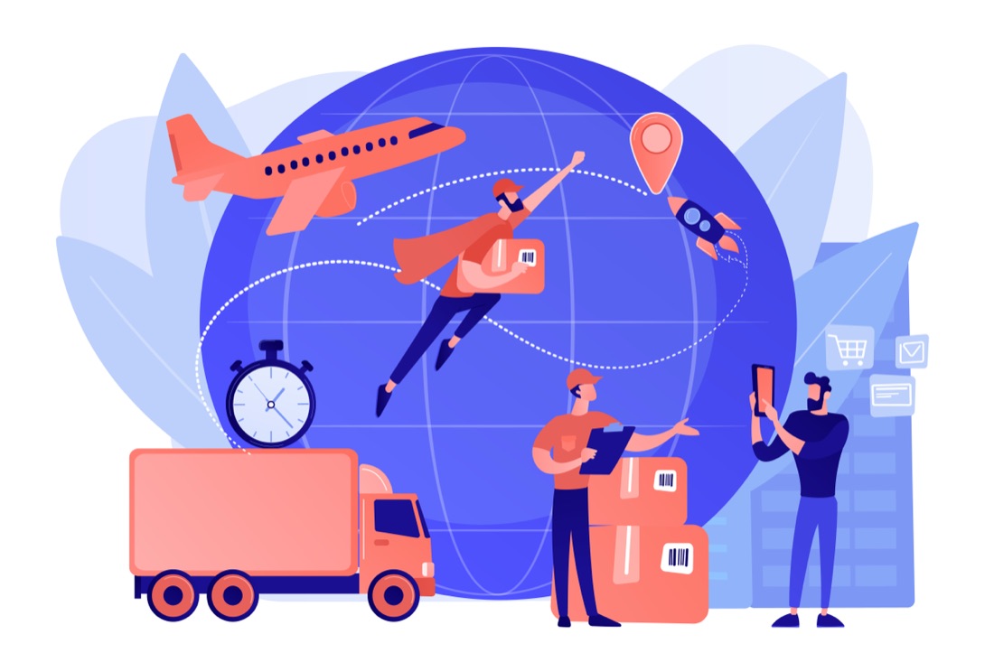 Illustration of air, sea and road logistics around a globe